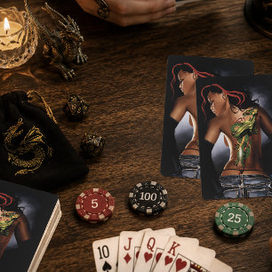 Kleurrijke Fantasie Drakentattoo Vrouw Pokerkaarten