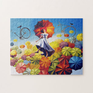 Kleurrijke fantasie fantasie meisje met paraplu's legpuzzel