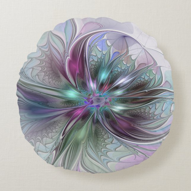 Kleurrijke Fantasy Abstract Modern Fractal Flower Rond Kussen (Voorkant)