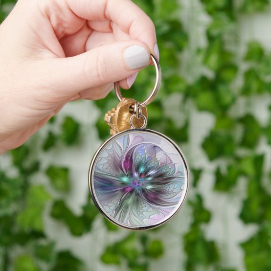 Kleurrijke Fantasy Abstract Modern Fractal Flower Sleutelhanger (Hand)