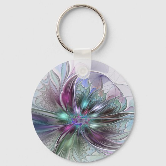 Kleurrijke Fantasy Abstract Modern Fractal Flower Sleutelhanger (Voorkant)