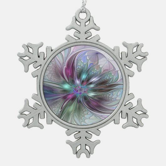 Kleurrijke Fantasy Abstract Modern Fractal Flower Tin Sneeuwvlok Ornament (Voorkant)
