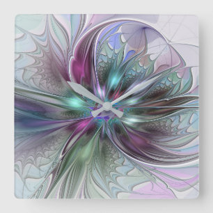 Kleurrijke Fantasy Abstract Modern Fractal Flower Vierkante Klok