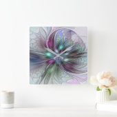 Kleurrijke Fantasy Abstract Modern Fractal Flower Vierkante Klok (Huis)