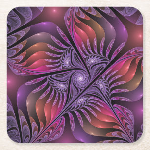 Kleurrijke Fantasy Abstracte Trippy Paarse Fractal Vierkante Kartonnen Onderzetter