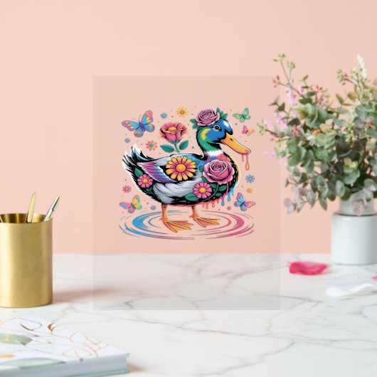 Kleurrijke Fantasy Eend met Bloemen en Vlinders Acryl Bord (Huwelijk)