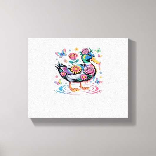 Kleurrijke Fantasy Eend met Bloemen en Vlinders Canvas Afdruk (Voorkant)