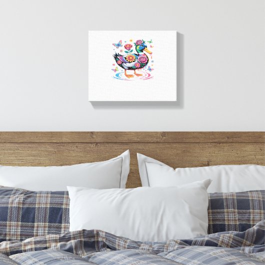 Kleurrijke Fantasy Eend met Bloemen en Vlinders Canvas Afdruk (Insitu (Slaapkamer))