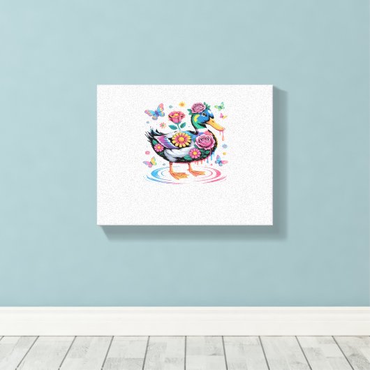 Kleurrijke Fantasy Eend met Bloemen en Vlinders Canvas Afdruk (Insitu (Houten vloer))
