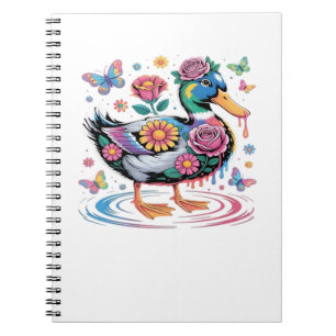 Kleurrijke Fantasy Eend met Bloemen en Vlinders Notitieboek