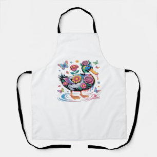 Kleurrijke Fantasy Eend met Bloemen en Vlinders Schort