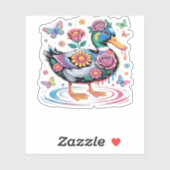Kleurrijke Fantasy Eend met Bloemen en Vlinders Sticker (Vel)