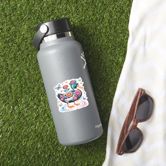 Kleurrijke Fantasy Eend met Bloemen en Vlinders Sticker (HydroFlask Insitu)