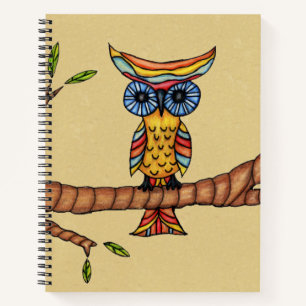 Kleurrijke Fantasy Owl Blue Eyes Branch Leaves Tan Notitieboek