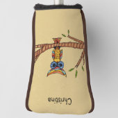 Kleurrijke Fantasy Uil Blauwe ogen op Tak Tan Golfheadcover (Draai 90)