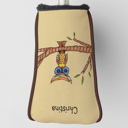 Kleurrijke Fantasy Uil Blauwe ogen op Tak Tan Golfheadcover (Draai 90)