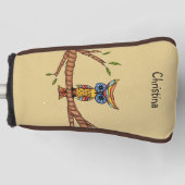 Kleurrijke Fantasy Uil Blauwe ogen op Tak Tan Golfheadcover (Voorkant)