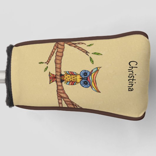 Kleurrijke Fantasy Uil Blauwe ogen op Tak Tan Golfheadcover (Voorkant)