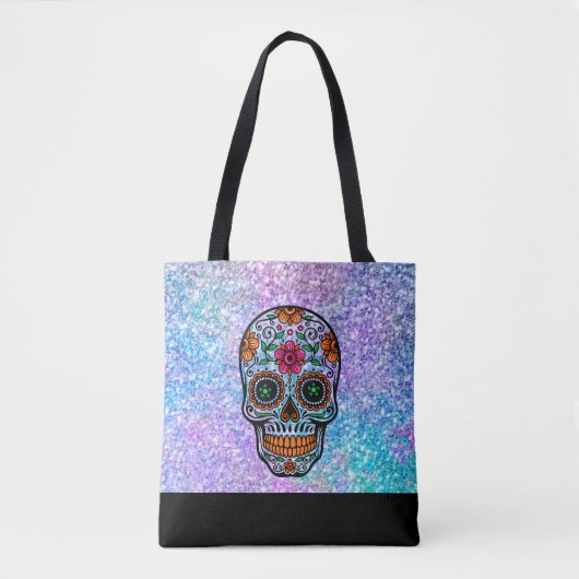 Kleurrijke faux flitter en retro suikerschedel draagtas (Voorkant)