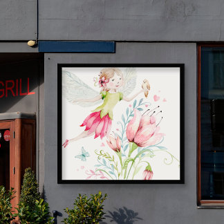 Kleurrijke fee en illustratie van bloemen poster