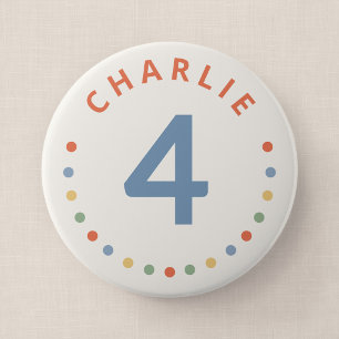 Kleurrijke feestbadge met naam voor verjaardag in  ronde button 4,0 cm