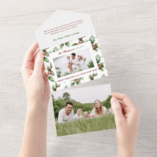 Kleurrijke feestelijke Bold Christmas Holly Foto All In One Uitnodiging (Afscheurbaar)