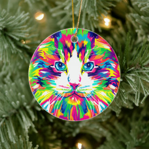 Kleurrijke Feline Bliss: Whiskers of Joy Keramisch Ornament