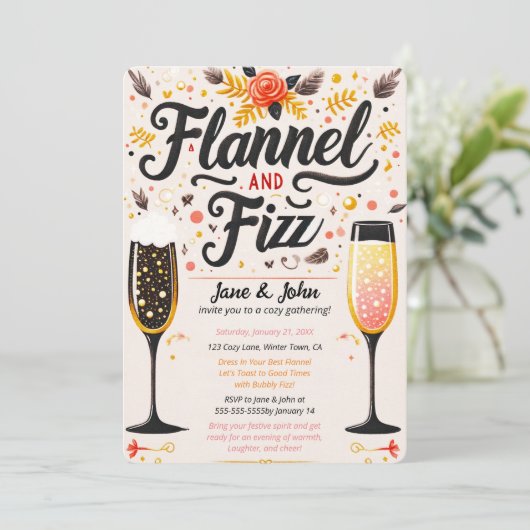 Kleurrijke Flanel en Fizz Bubbly Drink Party Kaart (Staand voorkant)