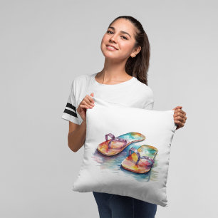 Kleurrijke flips flops op een strand in waterverf kussen