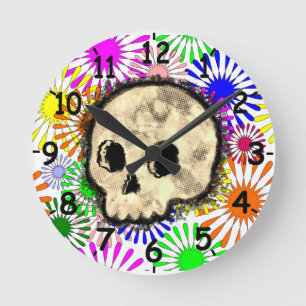 Kleurrijke Floral Burst Skull Waterverf Ronde Klok