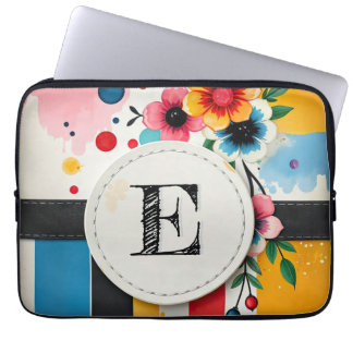 Kleurrijke Floral Design Circle Lijst Chic Monogra Laptop Sleeve