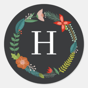 Kleurrijke Floral en Pine Monogram Holiday Ronde Sticker