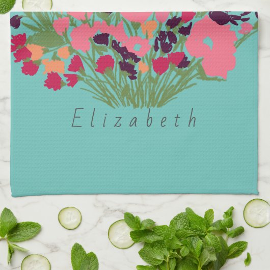 Kleurrijke  Floral Let's Bloom + aangepaste naam Theedoek (Gevouwen)