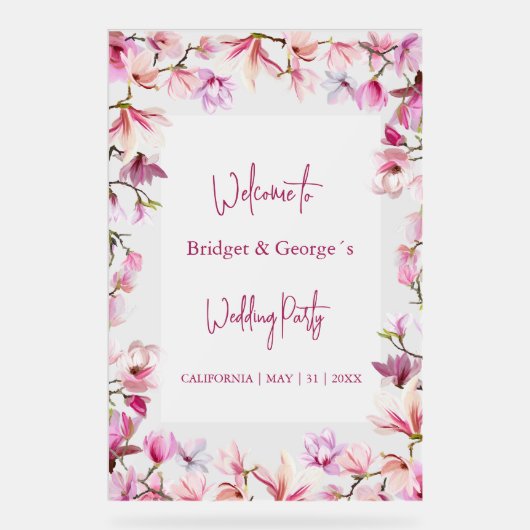Kleurrijke Floral magnolia Frosted bruiloft Welkom Acryl Bord (Voorkant)
