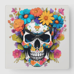 Kleurrijke Floral Skull Vierkante Klok