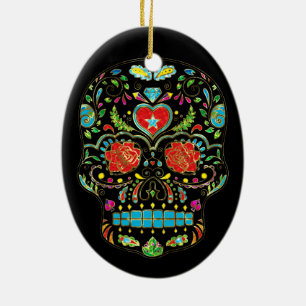 Kleurrijke Floral Sugar Skull Glitter en Gold Keramisch Ornament