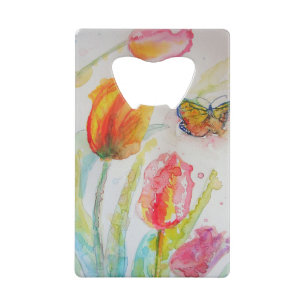Kleurrijke florale Waterverf Tulp en Butterfly Kredietkaart Flessenopener