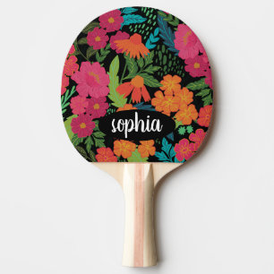 Kleurrijke florale zwarte monogram naam tafeltennisbatje