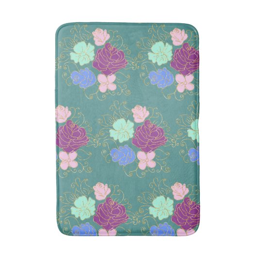 Kleurrijke Florals met gouden patroon Badmat (Voorkant Verticaal)