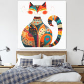 Kleurrijke Folk Art Cat Canvas Afdruk (Insitu (Slaapkamer))