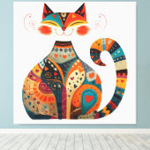 Kleurrijke Folk Art Cat Canvas Afdruk (Insitu (Houten vloer))
