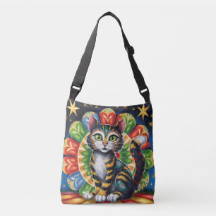 Kleurrijke Folk Art Cat Crossbody Tas