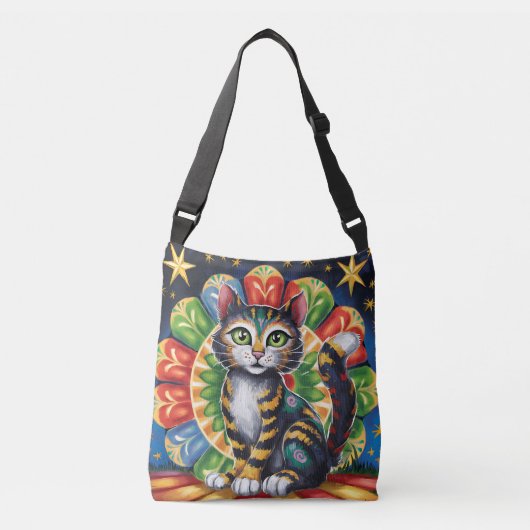 Kleurrijke Folk Art Cat Crossbody Tas (Voorkant)