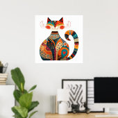 Kleurrijke Folk Art Cat Poster (Thuiskantoor)