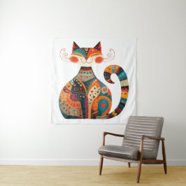 Kleurrijke Folk Art Cat Wandkleed