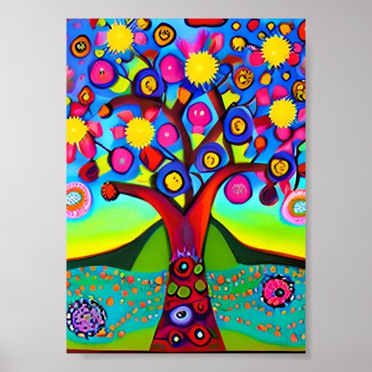 Kleurrijke Folk Art Style Tree Poster (Voorkant)