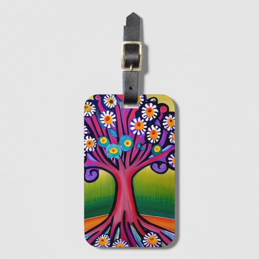 Kleurrijke Folk Art Style Whimsical Tree Bagagelabel (Voorkant (verticaal))