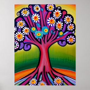 Kleurrijke Folk Art Style Whimsical Tree Poster