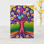 Kleurrijke Folk Art Style Whimsical Tree | Verjaar Kaart (Gele Bloem)