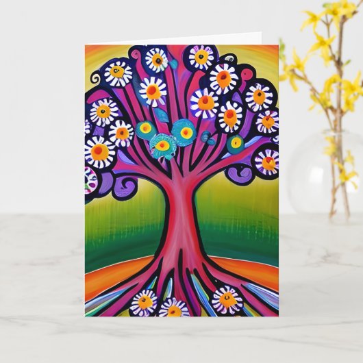 Kleurrijke Folk Art Style Whimsical Tree | Verjaar Kaart (Gele Bloem)